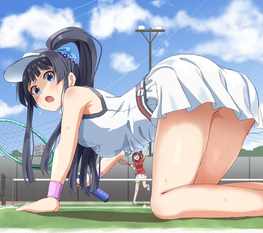 2girls all_fours bare_shoulders baseball_cap black_hair blue_eyes blue_sky blush breasts closed_eyes dress haruki_(haruki678) hat high_ponytail highres holding holding_racket holding_tennis_racket idolmaster idolmaster_million_live! kasuga_mirai long_hair looking_at_viewer medium_breasts mogami_shizuka multiple_girls open_mouth outdoors racket red_shirt shirt skirt sky sleeveless sleeveless_shirt smile sportswear tennis_dress tennis_net tennis_racket tennis_skirt tennis_uniform white_dress white_skirt