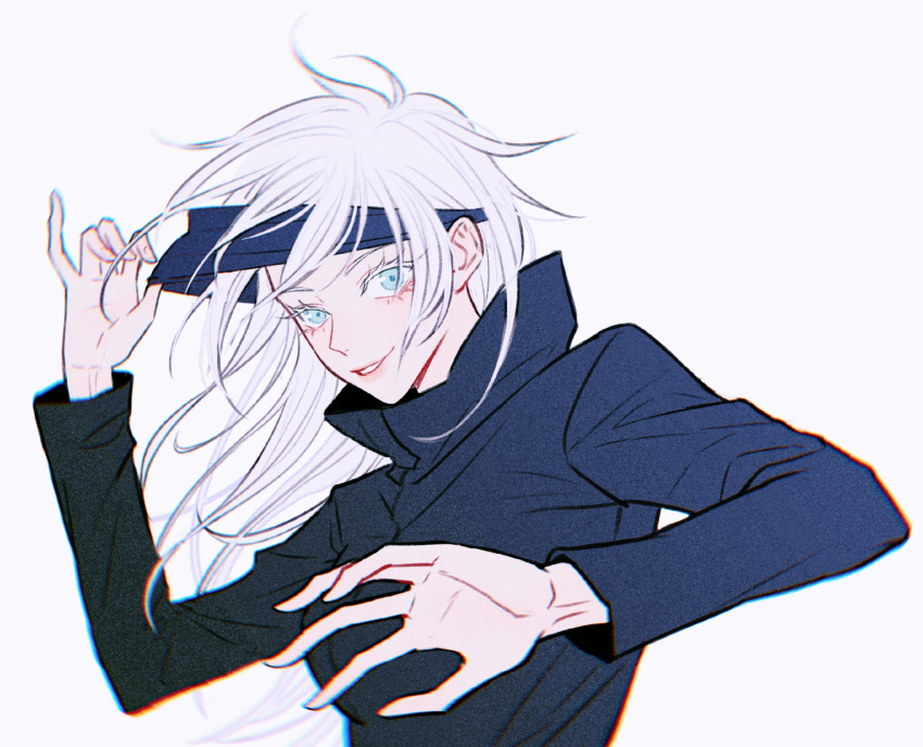 1girl black_blindfold black_jacket blindfold blindfold_lift blue_eyes breasts chinese_commentary chromatic_aberration genderswap genderswap_(mtf) gojou_satoru grin hand_up hanlutt high_collar highres jacket jujutsu_kaisen long_hair long_sleeves looking_at_viewer medium_breasts simple_background smile solo upper_body white_background white_hair