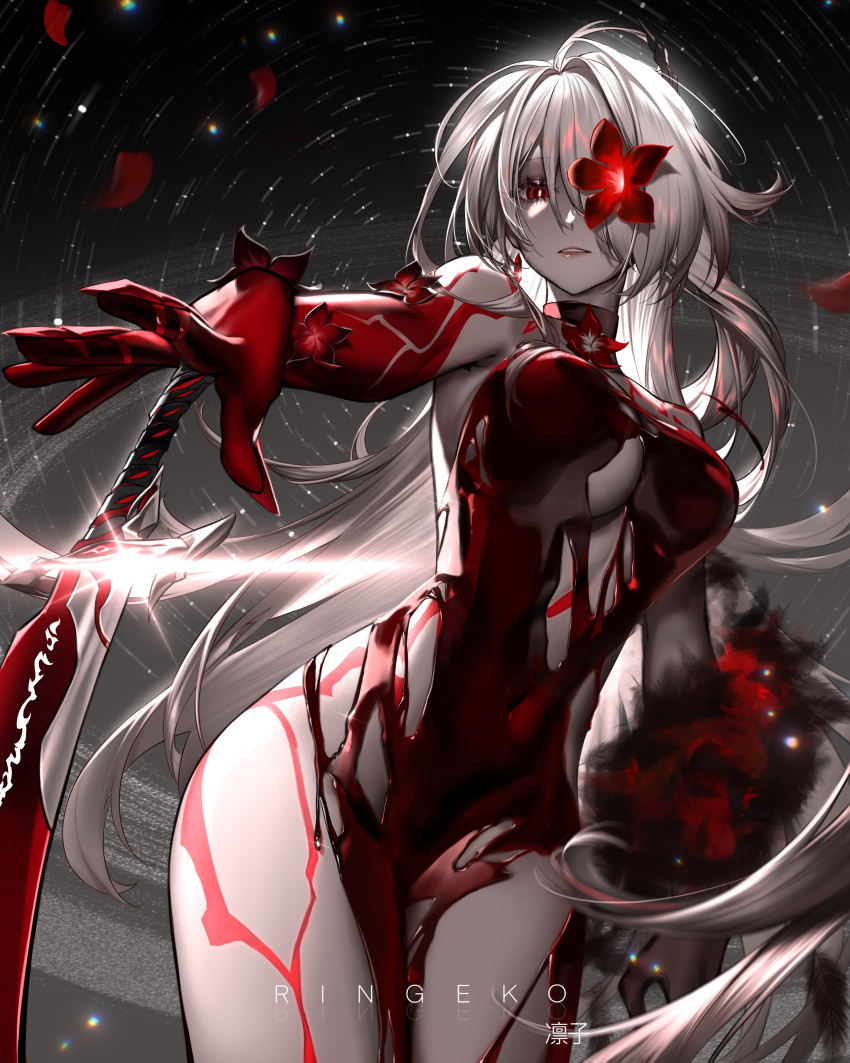 1girl absurdres acheron_(honkai:_star_rail) blood blood_censor blood_on_breasts blood_on_chest body_markings breasts colored_extremities flower hair_over_one_eye highres honkai:_star_rail honkai_(series) long_hair looking_at_viewer official_alternate_color official_alternate_eye_color official_alternate_hair_color pale_skin red_eyes red_hands ringeko-chan solo very_long_hair white_hair