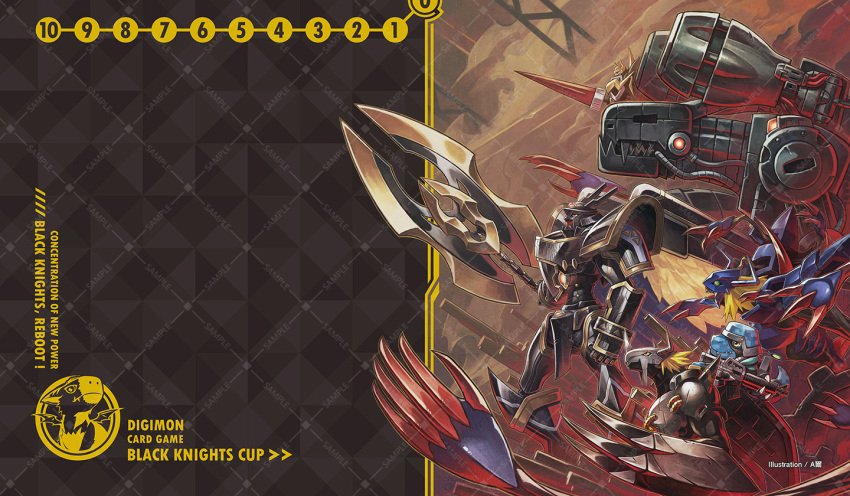 a-er_(akkij0358) alphamon_ouryuuken armor black_armor blackwargreymon blonde_hair blue_skin colored_skin commandramon darkknightmon diablomon digimon digimon_card_game dragon feathered_wings forehead_jewel from_side green_eyes hagurumon horns knight lance long_arms mechanical_wings medium_hair mugendramon non-humanoid_robot open_mouth polearm red_eyes robot robot_dragon sample_watermark sharp_teeth short_hair shoulder_cannon teeth watermark weapon wings yellow_eyes