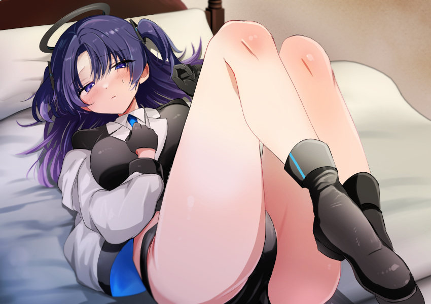 1girl absurdres ass bed black_footwear black_gloves black_jacket black_panties blue_archive blush boots clenched_hand closed_mouth coat commentary_request gloves hair_between_eyes halo highres jacket legs_up long_hair long_sleeves lying mechanical_halo on_back on_bed panties purple_eyes purple_hair satori111 shirt solo thighs two_side_up underwear white_coat white_shirt yuuka_(blue_archive)