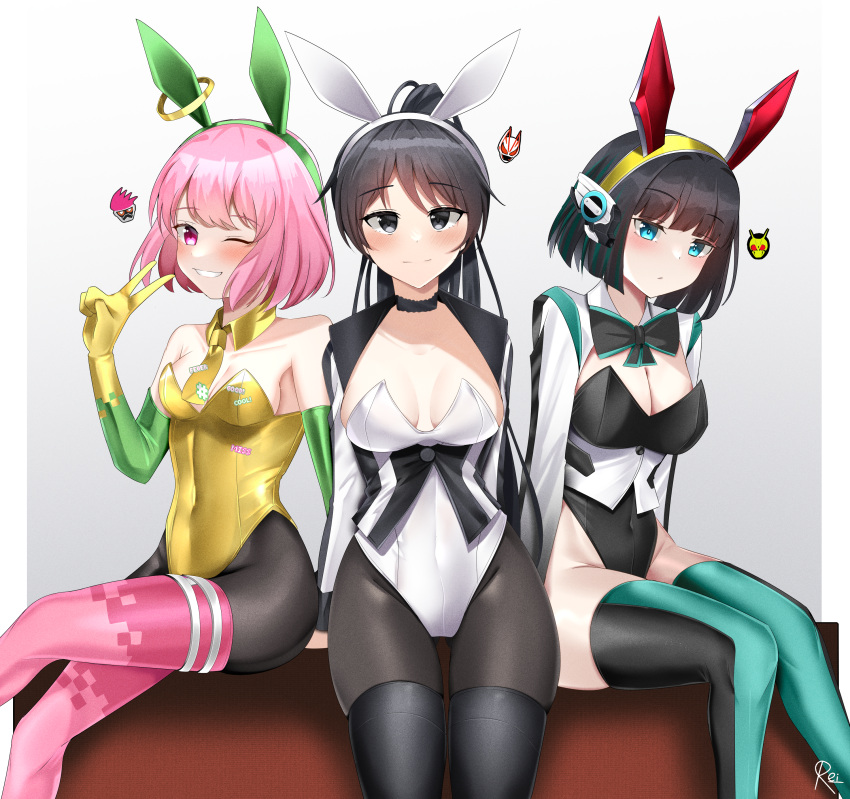 3girls absurdres animal_ears animification artist_name asymmetrical_clothes asymmetrical_legwear black_hair blue_eyes blush bow bowtie breasts closed_mouth collar detached_collar fake_animal_ears gloves highres humagear_headphones is_(kamen_rider_01) kamen_rider kamen_rider_01_(series) kamen_rider_ex-aid kamen_rider_ex-aid_(series) kamen_rider_geats kamen_rider_zero-one kamen_rider_zero-two large_breasts leotard long_hair long_sleeves looking_at_viewer medium_breasts multiple_girls necktie one_eye_closed open_mouth pantyhose pink_eyes pink_hair playboy_bunny ponytail poppi_pipopapo rabbit_ears rabbit_tail reiei_8 robot_ears short_hair shrug_(clothing) sitting small_breasts smile strapless strapless_leotard tail thighhighs thighhighs_over_pantyhose tsumuri_(kamen_rider_geats) v white_background yellow_gloves