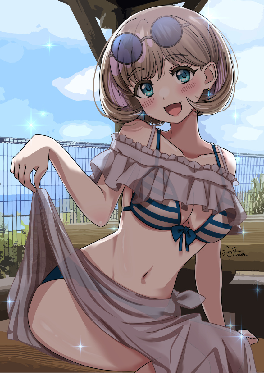 1girl :3 absurdres bikini blush breasts cleavage clothes_lift collarbone commentary_request eyewear_on_head grey_hair highres looking_at_viewer love_live! love_live!_superstar!! medium_breasts midriff navel open_mouth outdoors rinon42600 round_eyewear short_hair signature sitting solo sparkle striped_bikini striped_clothes sunglasses swimsuit tang_keke upper_body white_bikini