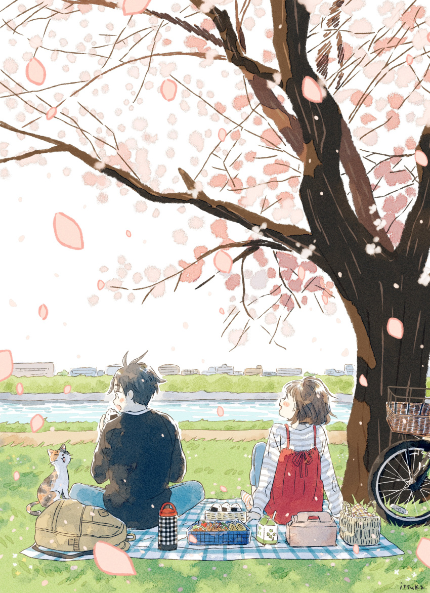 1boy 1girl :d :o absurdres ahoge arm_rest arms_at_sides backpack bag bento bicycle black_jacket blue_pants blush brown_hair cat cherry_blossoms dirt_road falling_petals from_behind grass grey_shirt high-waist_skirt highres itunohika jacket knees_up landscape legs_apart looking_at_animal looking_up nature open_mouth original pants petals picnic picnic_basket picnic_blanket red_skirt river road scenery shadow shirt short_hair signature sitting skirt skyline smile striped_clothes striped_shirt suspender_skirt suspenders thermos tree two-tone_shirt white_shirt wide_shot wind