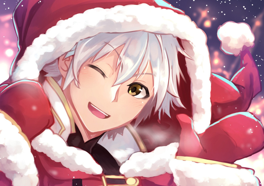 1boy cape christmas fire_emblem fire_emblem:_kakusei fire_emblem_heroes gloves highres hood jewelry looking_at_viewer male_focus male_my_unit_(fire_emblem:_kakusei) mamkute my_unit_(fire_emblem:_kakusei) nakabayashi_zun nintendo one_eye_closed open_mouth robe santa_costume short_hair simple_background smile solo tiara white_hair yellow_eyes
