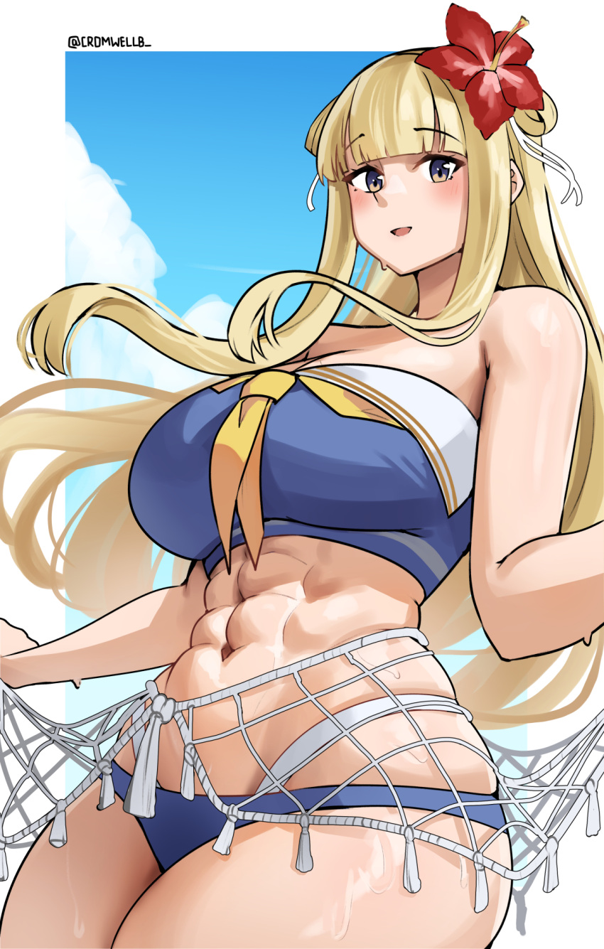 abs alternate_breast_size blonde_hair breasts commission cromwellb fletcher_(kancolle) highres kantai_collection large_breasts long_hair muscular muscular_female pixiv_commission swimsuit