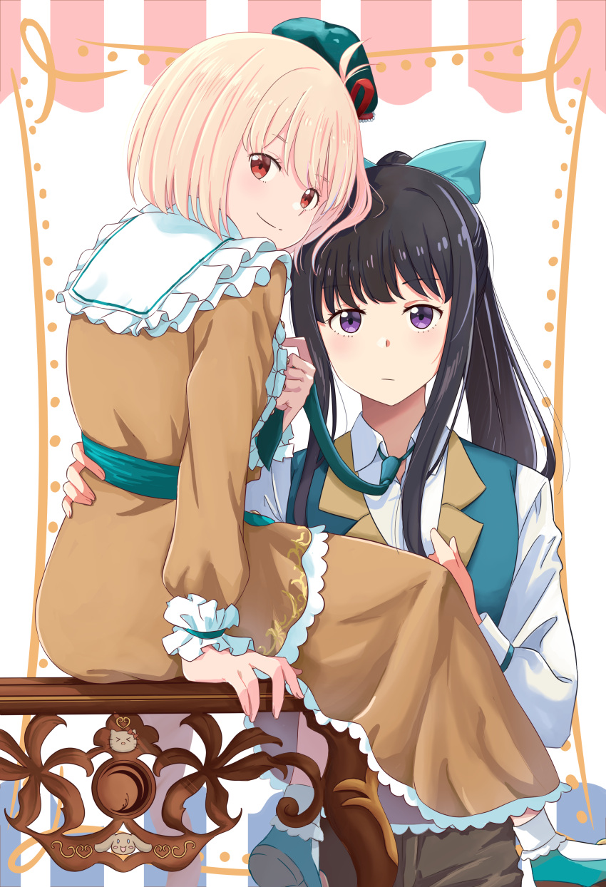 2girls absurdres black_hair blonde_hair blue_bow blue_hat blue_vest bow brown_dress chai_haru closed_mouth collared_shirt commentary_request dress expressionless hair_bow hair_ribbon hand_on_another's_waist highres inoue_takina long_hair long_sleeves looking_at_viewer lycoris_recoil medium_hair multiple_girls nishikigi_chisato ponytail purple_eyes red_eyes red_ribbon ribbon shirt sitting smile vest white_shirt