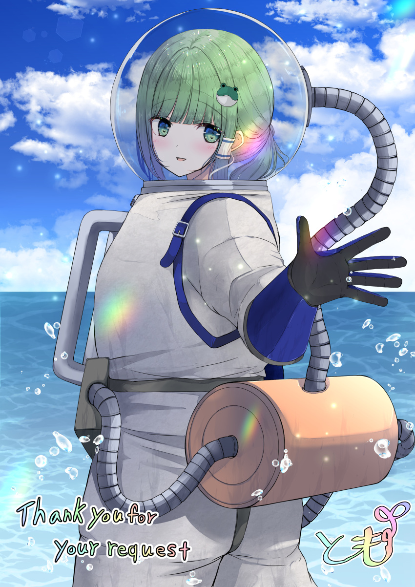 1girl absurdres diving_suit frog_hair_ornament gloves green_eyes green_hair hair_ornament hair_tubes helmet highres kochiya_sanae multi-tied_hair single_hair_tube snake_hair_ornament solo tomo_(uguisu-tei) touhou