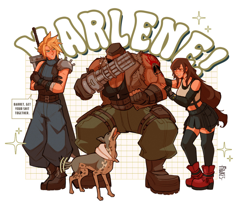 1girl 2boys absurdres arm_tattoo barret_wallace biceps black_hair blonde_hair boots buster_sword cloud_strife crop_top crossed_arms crying dark-skinned_male dark_skin dog english_text fawkesart final_fantasy final_fantasy_vii final_fantasy_vii_rebirth final_fantasy_vii_remake highres multiple_boys red_footwear skirt speech_bubble suspender_skirt suspenders sword sword_on_back tank_top tattoo thighhighs tifa_lockhart weapon weapon_on_back