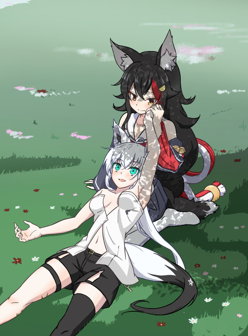 2girls animal_ear_fluff animal_ears arm_up armpits bare_shoulders belt black_hair black_shorts black_sleeves blue_eyes breasts brown_eyes detached_sleeves fox_ears fox_girl fox_tail hand_on_another's_cheek hand_on_another's_face highres holding_hands hololive kagami_yoshino lap_pillow long_hair lying lying_on_person multicolored_hair multiple_girls navel on_back ookami_mio open_mouth pantyhose ponytail shirakami_fubuki shirt shorts single_thighhigh sitting sleeveless sleeveless_shirt smile strapless strapless_shirt streaked_hair tail thigh_strap thighhighs thighs virtual_youtuber white_hair white_pantyhose white_shirt wolf_ears wolf_girl wolf_tail yuri