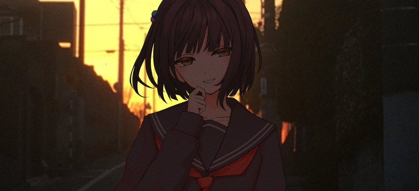 1girl :d absurdres amemori_sayo black_eyes black_hair black_sailor_collar black_shirt evening grin half-closed_eyes hand_on_own_chin highres kushinaka long_sleeves looking_at_viewer neckerchief nijisanji one_side_up open_mouth outdoors portrait red_neckerchief road sailor_collar shirt short_hair sidelocks sleeve_cuffs smile solo street teeth utility_pole virtual_youtuber