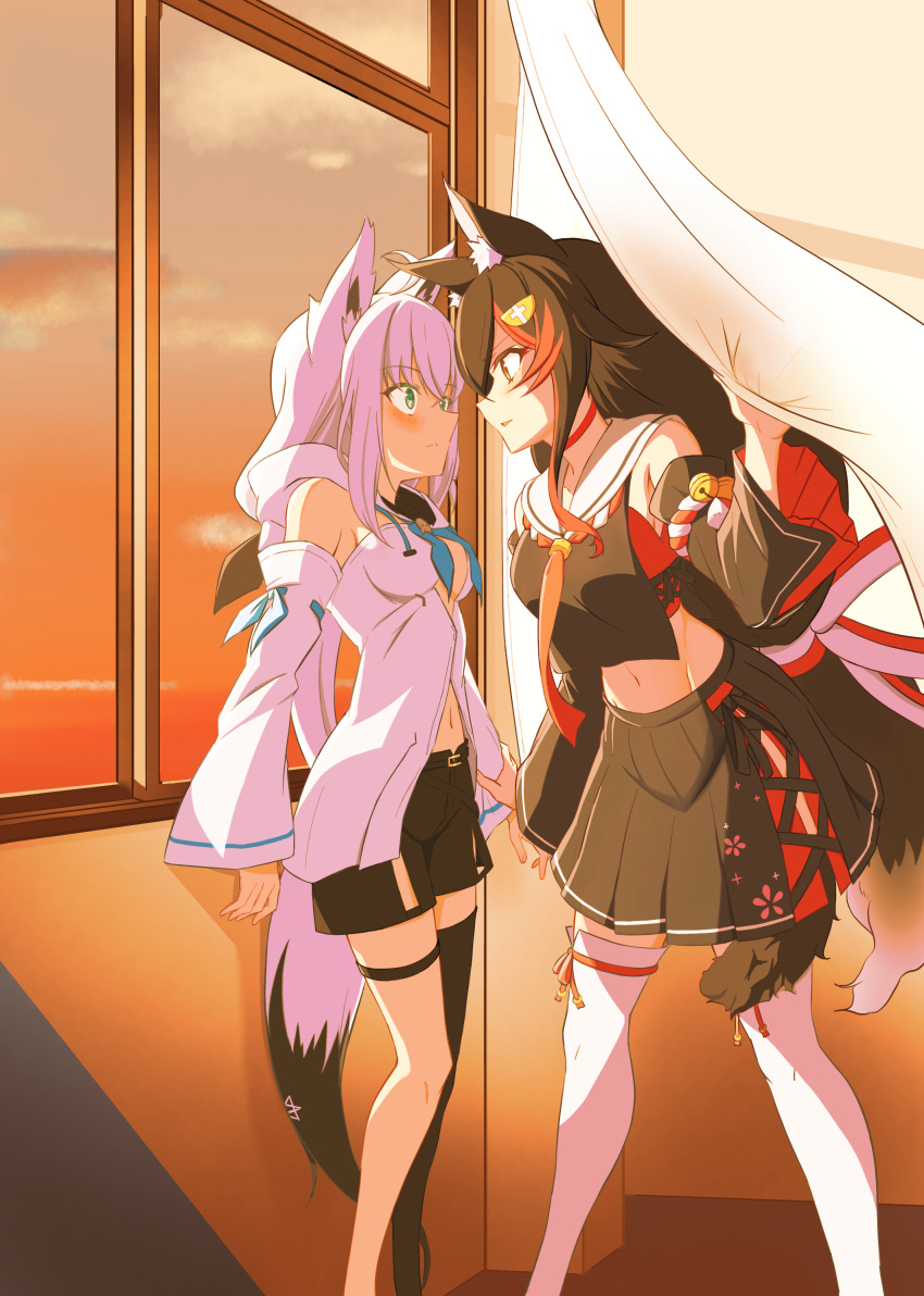 2girls absurdres against_window animal_ear_fluff animal_ears behind_curtains bell black_hair black_shirt black_shorts black_skirt black_sleeves black_thighhighs blue_eyes blush breasts brown_eyes commentary_request curtains detached_sleeves eye_contact face-to-face fox_ears fox_girl fox_tail highres hololive indoors jingle_bell kagami_yoshino long_hair looking_at_another midriff multicolored_hair multiple_girls navel ookami_mio ponytail shirakami_fubuki shirt shorts single_thighhigh skirt standing streaked_hair tail tail_around_own_leg thigh_strap thighhighs virtual_youtuber white_hair white_shirt white_sleeves white_thighhighs window wolf_ears wolf_girl wolf_tail yuri