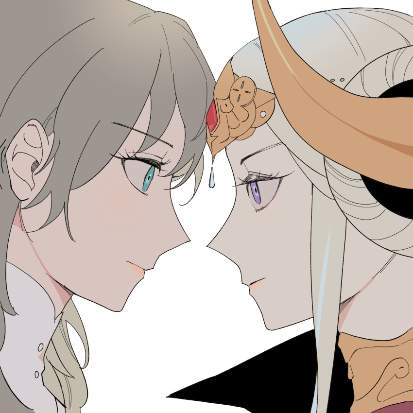 2girls b_(wldms6650) blue_eyes byleth_(female)_(fire_emblem) byleth_(fire_emblem) closed_mouth commentary edelgard_von_hresvelg english_commentary eye_contact fire_emblem fire_emblem:_three_houses grey_hair highres long_hair looking_at_another multiple_girls purple_eyes simple_background tiara upper_body white_background white_hair