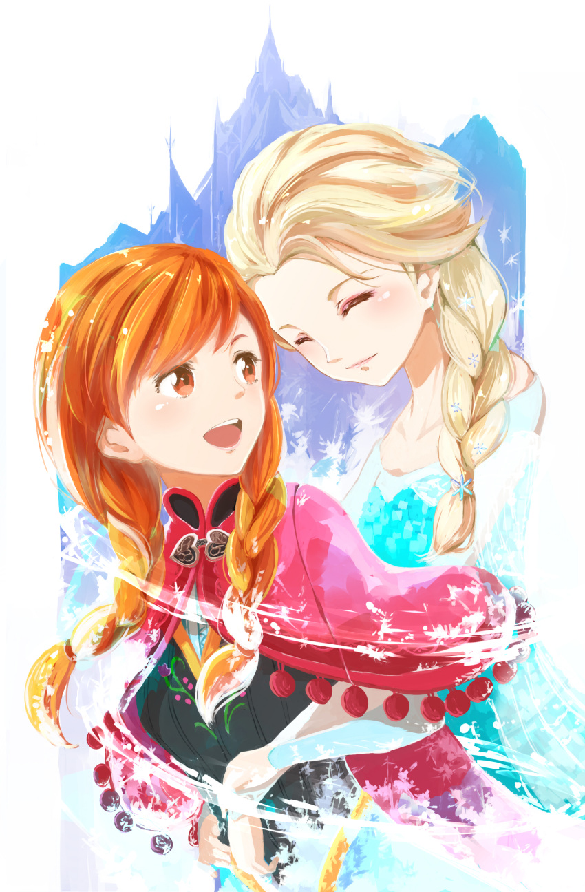 2girls :d ^_^ absurdres anna_(frozen) blonde_hair braid brown_hair closed_eyes disney elsa_(frozen) frozen_(disney) hair_over_shoulder highres hug hug_from_behind long_hair looking_back low-braided_long_hair low-tied_long_hair minamito multiple_girls siblings sisters smile twin_braids