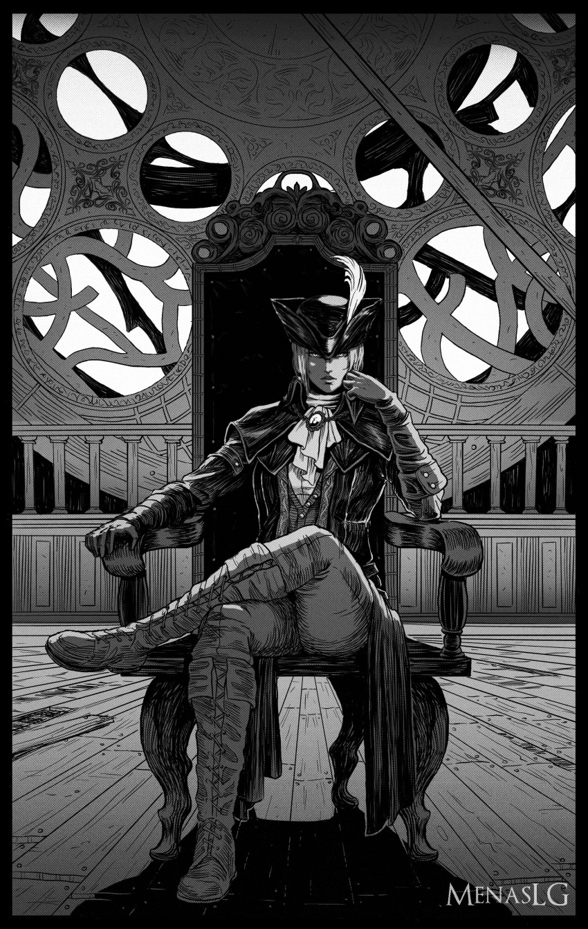 1girl absurdres ascot bloodborne boots cape closed_mouth coat commentary crossed_legs gloves greyscale hat hat_feather highres lady_maria_of_the_astral_clocktower looking_at_viewer menaslg monochrome on_chair sitting solo tricorne