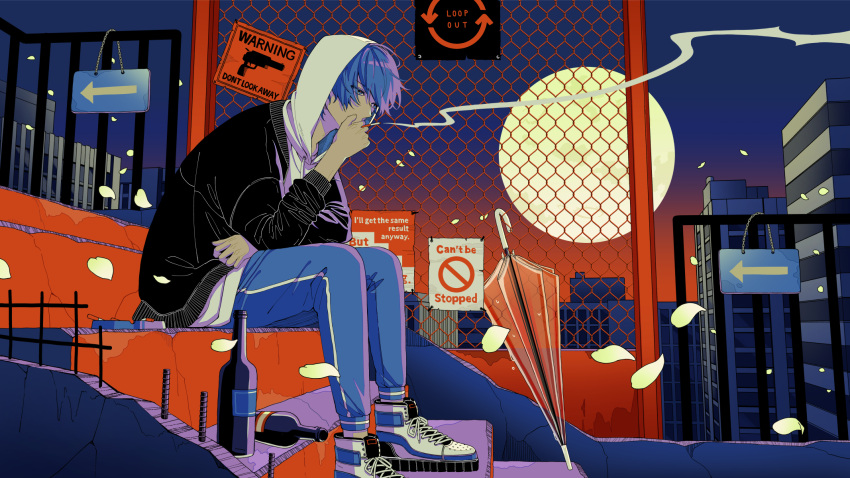 1boy blue_eyes blue_hair bottle building english_text falling_petals from_side full_body full_moon gradient_sky highres hood hood_up hoodie kaito_(vocaloid) male_focus moon nokuhashi outdoors petals poster_(object) shoes short_hair sign sitting sky skyscraper smoking sneakers solo stairs umbrella vocaloid white_petals