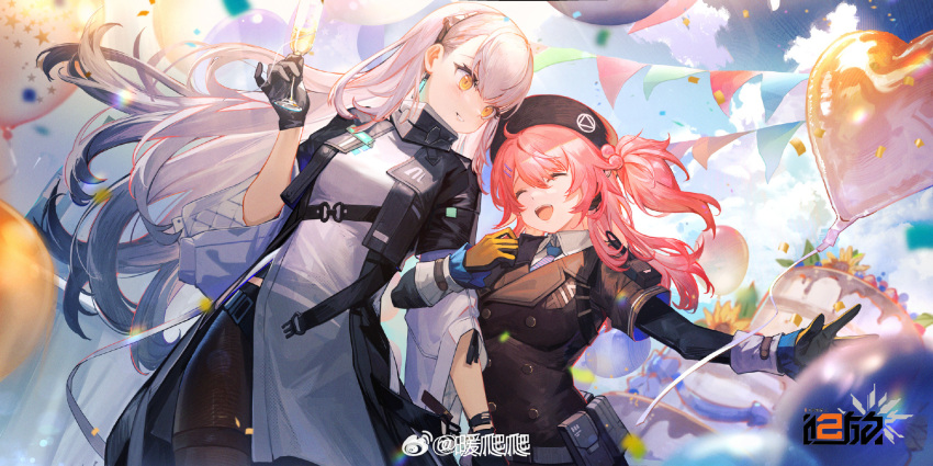 2girls ak-alfa_(girls'_frontline) balloon belt_pouch beret black_gloves black_pantyhose blue_necktie blue_sky brown_dress brown_hat cake champagne_flute closed_eyes cloud collared_shirt confetti copyright_name cup dress drinking_glass floating_hair food girls'_frontline gloves hat heart_balloon highres holding holding_cup layered_sleeves locked_arms logo long_hair long_sleeves looking_at_another mp7_(girls'_frontline) multiple_girls necktie nuanpapa one_side_up open_mouth pantyhose pouch red_hair shirt short_over_long_sleeves short_sleeves side_slit sky smile string_of_flags upper_body weibo_logo weibo_username white_dress white_shirt