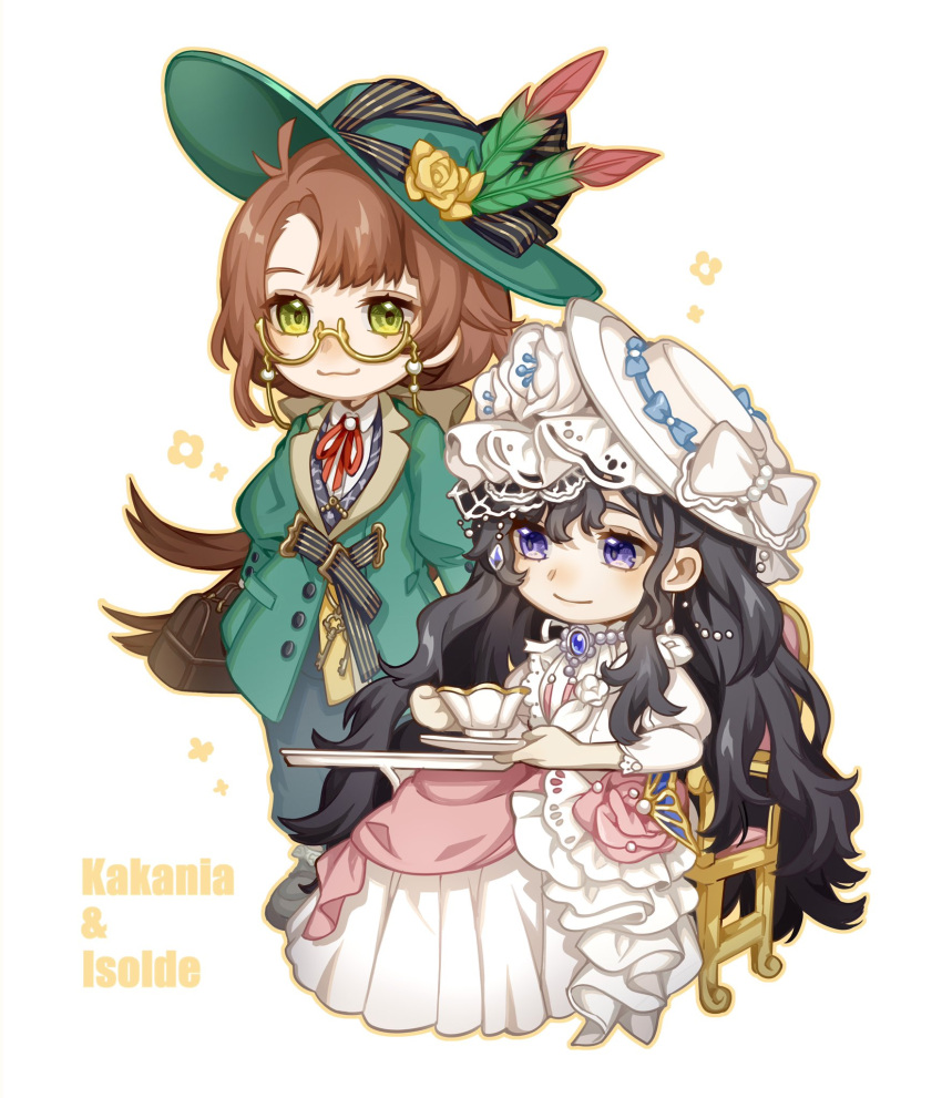 2girls :3 black_footwear brown_hair character_name chibi closed_mouth collared_shirt cup dress feathers flower gloves gown green_eyes green_feathers green_hat green_jacket grey_skirt grey_vest hat hat_feather hat_flower highres holding holding_cup holding_saucer isolde_(reverse:1999) jacket juliet_sleeves kakania_(reverse:1999) kuri_(kurimi73576978) long_dress long_hair long_skirt long_sleeves low_ponytail multiple_girls neck_ribbon on_chair puffy_long_sleeves puffy_sleeves purple_eyes red_ribbon reverse:1999 ribbon saucer semi-rimless_eyewear shirt sitting skirt smile standing sun_hat table teacup under-rim_eyewear vest waistcoat white_background white_dress white_hat white_shirt white_veil yellow-framed_eyewear yellow_gloves