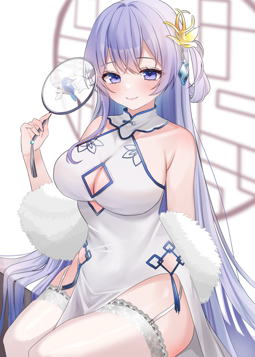 1girl azur_lane blue_gemstone breasts china_dress chinese_clothes clothing_cutout cutout_above_navel dress feather_boa fur_shawl garter_straps gem hair_ornament hand_fan highres holding holding_fan lace-trimmed_thighhighs large_breasts official_alternate_costume pelvic_curtain purple_eyes rodney_(azur_lane) rodney_(immaculate_beauty)_(azur_lane) round_window shawl sitting sleeveless sleeveless_dress solo thighhighs transparent_fan tuanshan underboob_cutout white_garter_straps white_thighhighs window yoshino_(mfmfpng)