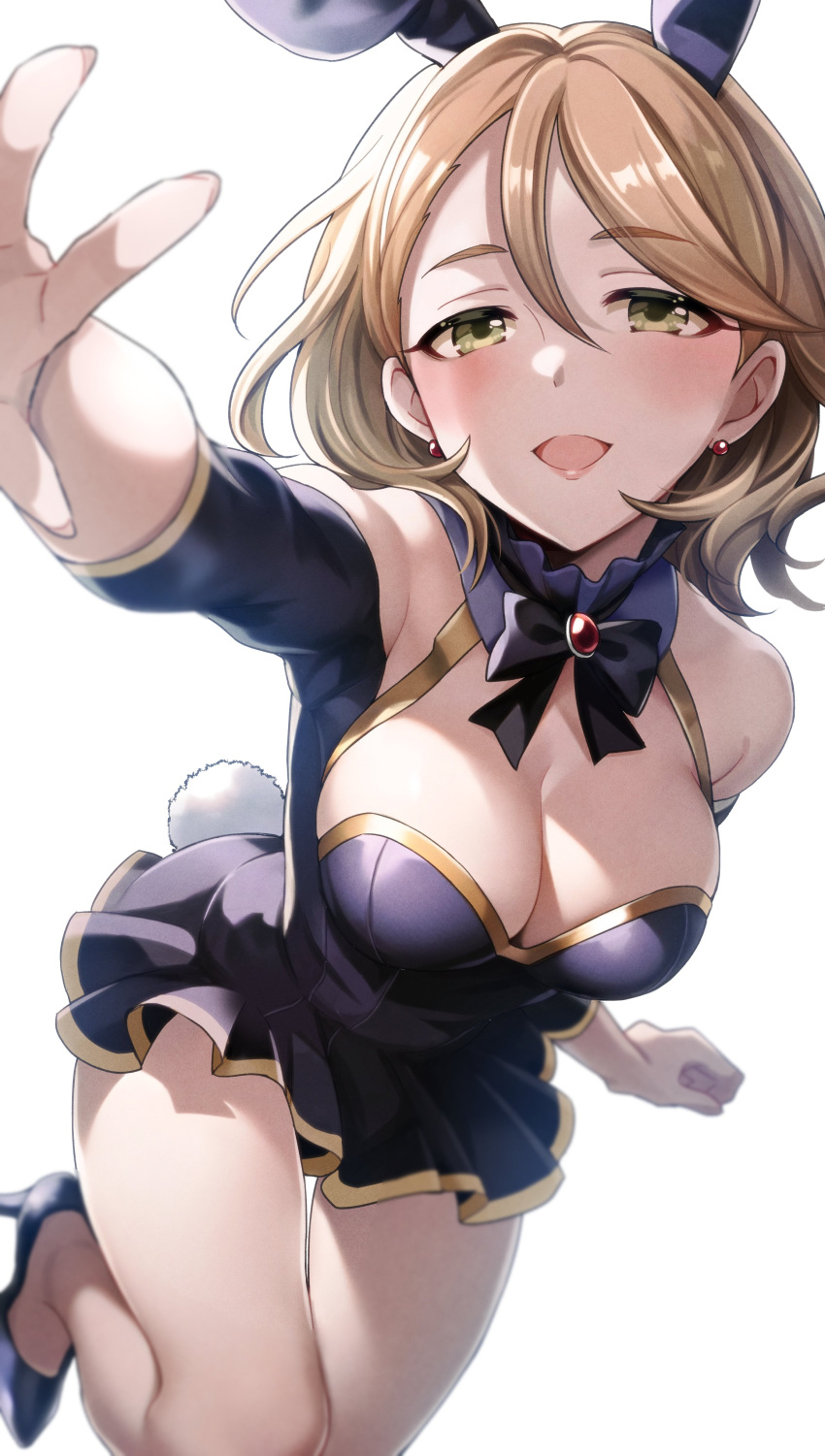 1girl absurdres animal_ears bare_shoulders black_bow black_bowtie blue_dress bow bowtie breasts brown_hair cleavage commentary_request dress fake_animal_ears fake_tail fingernails gold_trim high_heels highres idolmaster idolmaster_cinderella_girls large_breasts leg_up looking_at_viewer off-shoulder_dress off_shoulder open_mouth outstretched_arm playboy_bunny popon_ta rabbit_ears rabbit_tail short_hair simple_background sleeves_past_elbows smile solo tail white_background yanagi_kiyora yellow_eyes