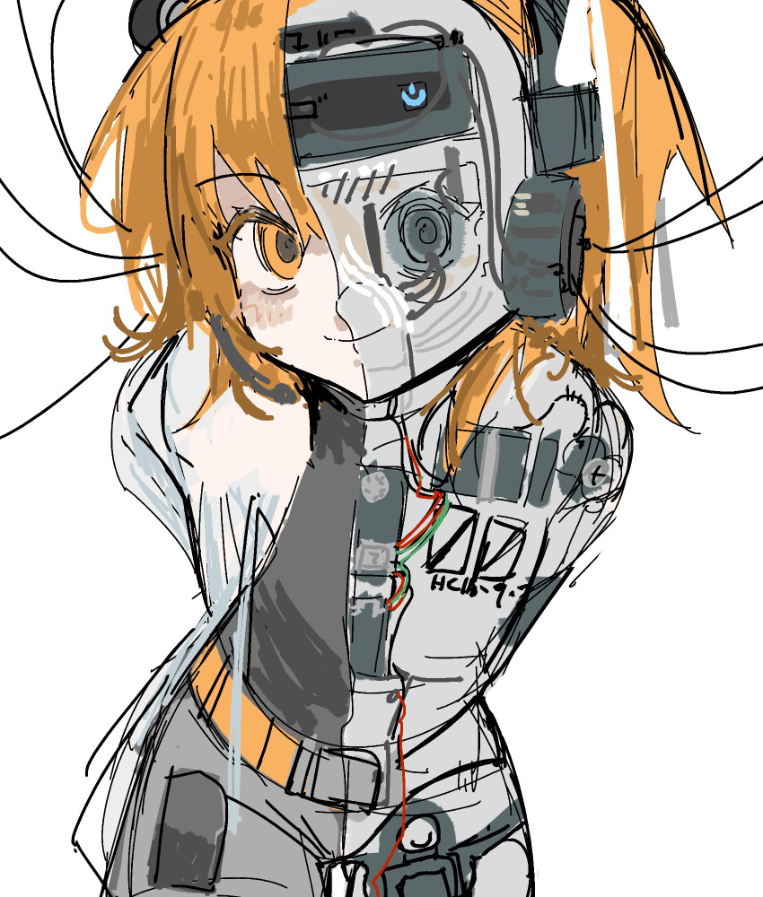 1girl a.i._voice adachi_rei android arms_behind_back belt bisaytin cable closed_mouth cowboy_shot grey_shorts hair_ribbon hashtag_only_commentary headgear highres jacket leaning_forward looking_at_viewer mechanical_parts medium_hair open_clothes open_jacket orange_belt orange_eyes orange_hair power_symbol ribbon see-through_body shorts simple_background sketch smile solo split_theme standing utau white_background white_jacket white_ribbon