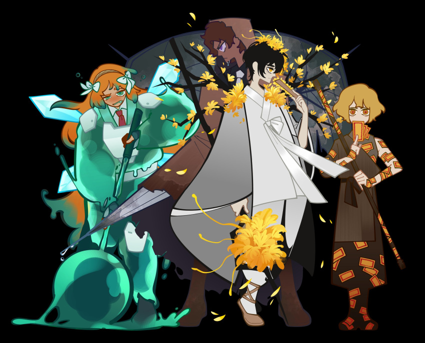 1girl 3boys black_hair blonde_hair branch brown_cloak brown_hair cloak drunk e.g.o_(project_moon) full_body green_eyes hammer heathcliff_(project_moon) highres holding holding_branch holding_hammer holding_ofuda holding_staff homiu ishmael_(project_moon) limbus_company long_hair looking_at_viewer multiple_boys ofuda ofuda_on_arm ofuda_on_clothes ofuda_on_leg open_mouth orange_hair pants project_moon sinclair_(project_moon) slime_(substance) staff standing very_long_hair white_hanbok white_pants yellow_eyes yi_sang_(project_moon)