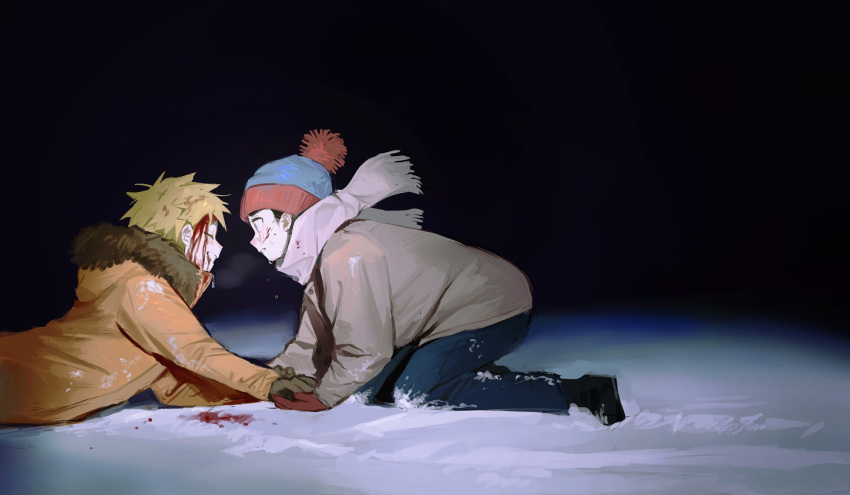 2boys beanie black_hair blonde_hair blood blood_on_clothes blood_on_face blood_on_ground blue_pants brown_gloves brown_jacket chun_baii closed_eyes from_side gloves grin hat highres hood hood_down hooded_jacket jacket kenny_mccormick male_focus multiple_boys night orange_jacket outdoors pants pom_pom_(clothes) profile red_gloves scarf smile snow south_park spiked_hair stan_marsh sweat