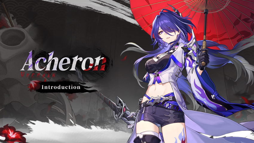 1girl acheron_(honkai:_star_rail) belt black_belt black_gloves black_shorts breasts character_name commentary commentary_request cowboy_shot crop_top gloves holding holding_sword holding_umbrella holding_weapon honkai:_star_rail honkai_(series) leg_tattoo long_hair looking_at_viewer medium_breasts midriff navel official_art parted_lips purple_eyes purple_hair red_umbrella short_shorts shorts solo standing stomach sword tattoo thighs umbrella very_long_hair weapon
