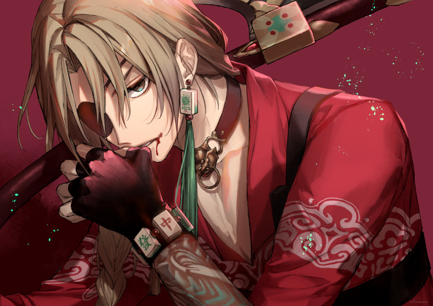 1boy arm_tattoo black_gloves blonde_hair blood blood_from_mouth braid che_(path_to_nowhere) choker commentary_request earrings edamameoishii eyepatch fingerless_gloves gloves highres holster jewelry long_hair looking_at_viewer male_focus parted_lips path_to_nowhere pink_background red_shirt scythe shirt shoulder_holster single_braid solo tassel tassel_earrings tattoo upper_body