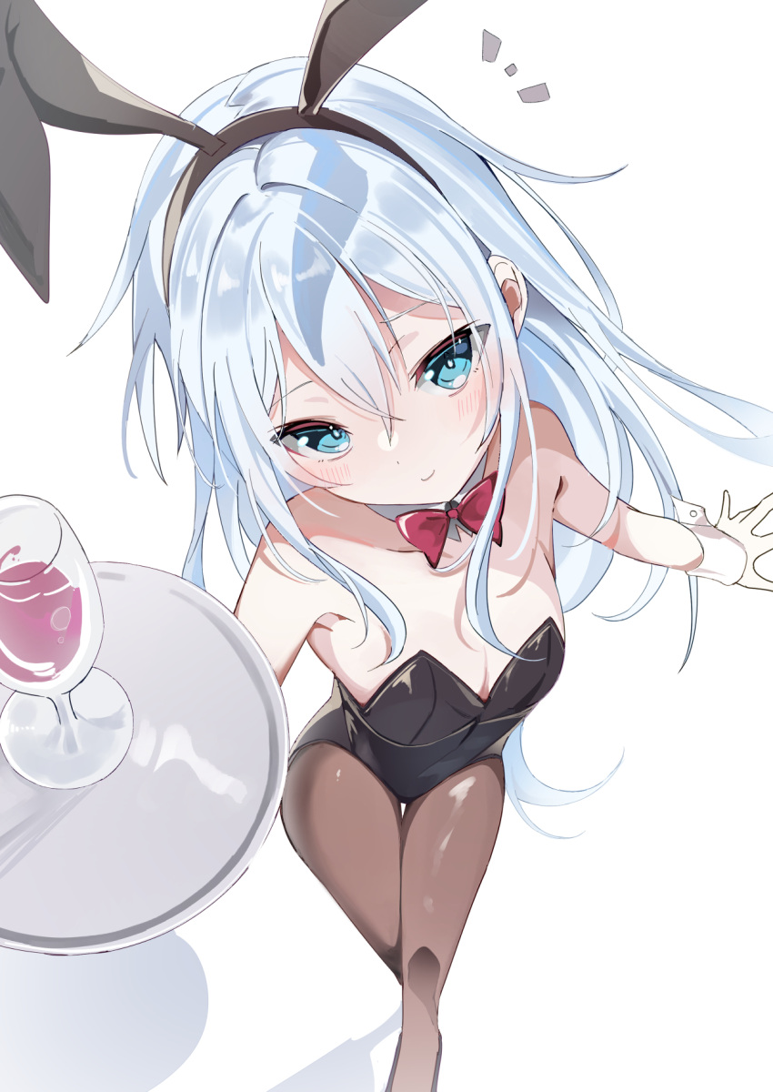 1girl animal_ears black_leotard black_pantyhose blue_eyes blue_hair bow bowtie breasts cup detached_collar drinking_glass fathom feet_out_of_frame from_above gloves hibiki_(kancolle) highres kantai_collection leotard light_blue_hair long_hair pantyhose perspective playboy_bunny rabbit_ears red_bow red_bowtie simple_background small_breasts solo strapless strapless_leotard tray white_background white_gloves wine_glass wrist_cuffs