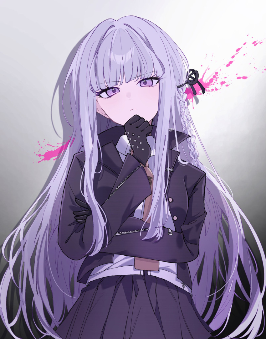 1girl black_gloves black_jacket black_ribbon blood braid collared_shirt cowboy_shot danganronpa:_trigger_happy_havoc danganronpa_(series) gloves gradient_background grey_background grey_hair hair_ribbon hand_up highres jacket kirigiri_kyoko long_hair miniskirt open_clothes open_jacket pink_blood pink_eyes pink_hair pleated_skirt pote_(pote_39) ribbon shirt side_braid single_braid skirt solo thinking white_shirt