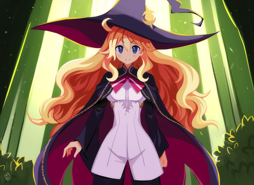 1girl ahoge black_pantyhose blonde_hair blue_eyes blush bush cape english_commentary green_background hair_between_eyes hat highres light_particles long_hair long_sleeves looking_at_viewer luca_(majo_no_ryodan) pantyhose refrain_no_chika_meikyuu_to_majo_no_ryodan smile solo spoilers upper_body very_long_hair wavy_hair wide_sleeves witch witch_hat zmeinir