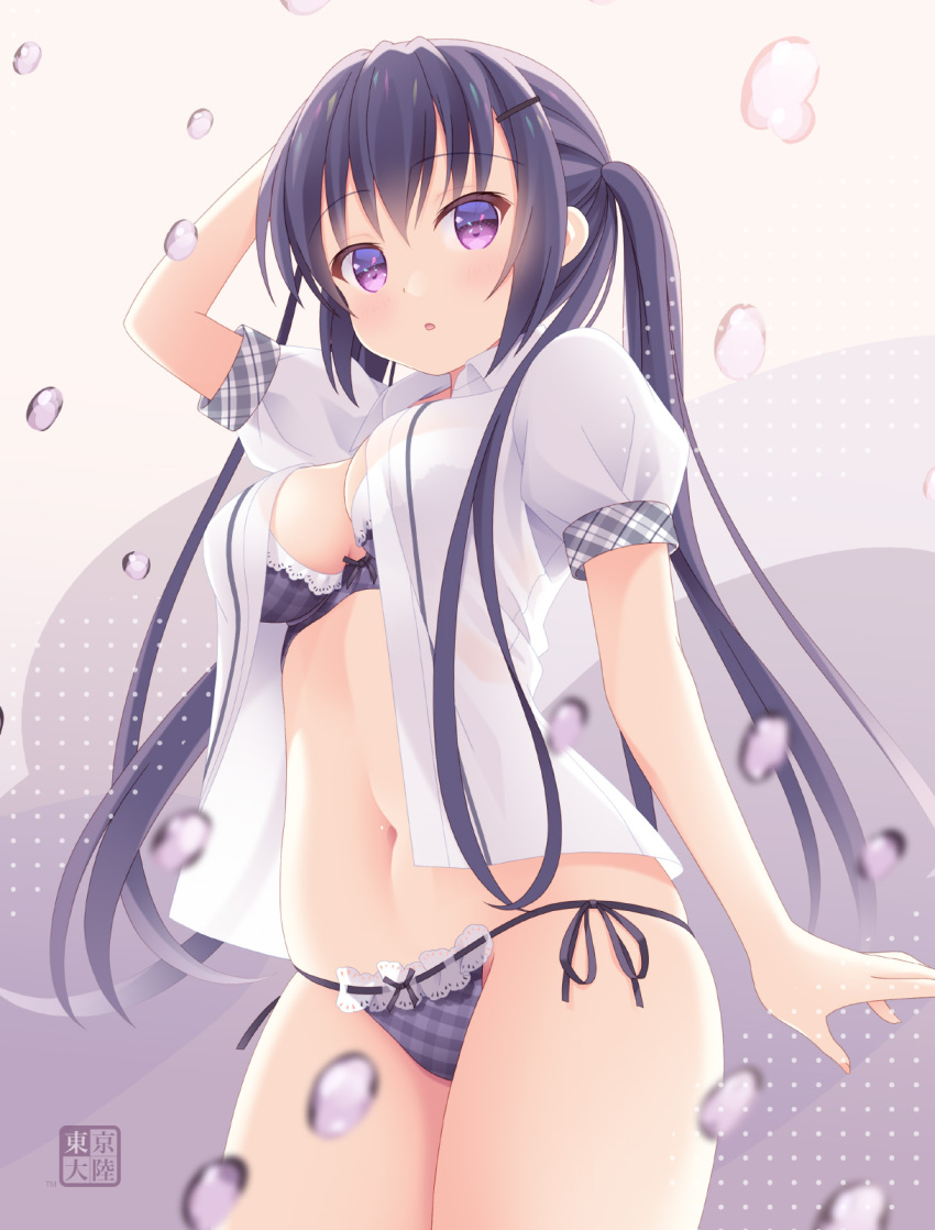 1girl blush bra breasts gochuumon_wa_usagi_desu_ka? hair_ornament hairclip highres kurasawa_kyoushou lingerie long_hair looking_at_viewer medium_breasts navel open_clothes open_shirt panties parted_lips purple_bra purple_eyes purple_hair purple_panties side-tie_panties solo tedeza_rize twintails underwear water_drop