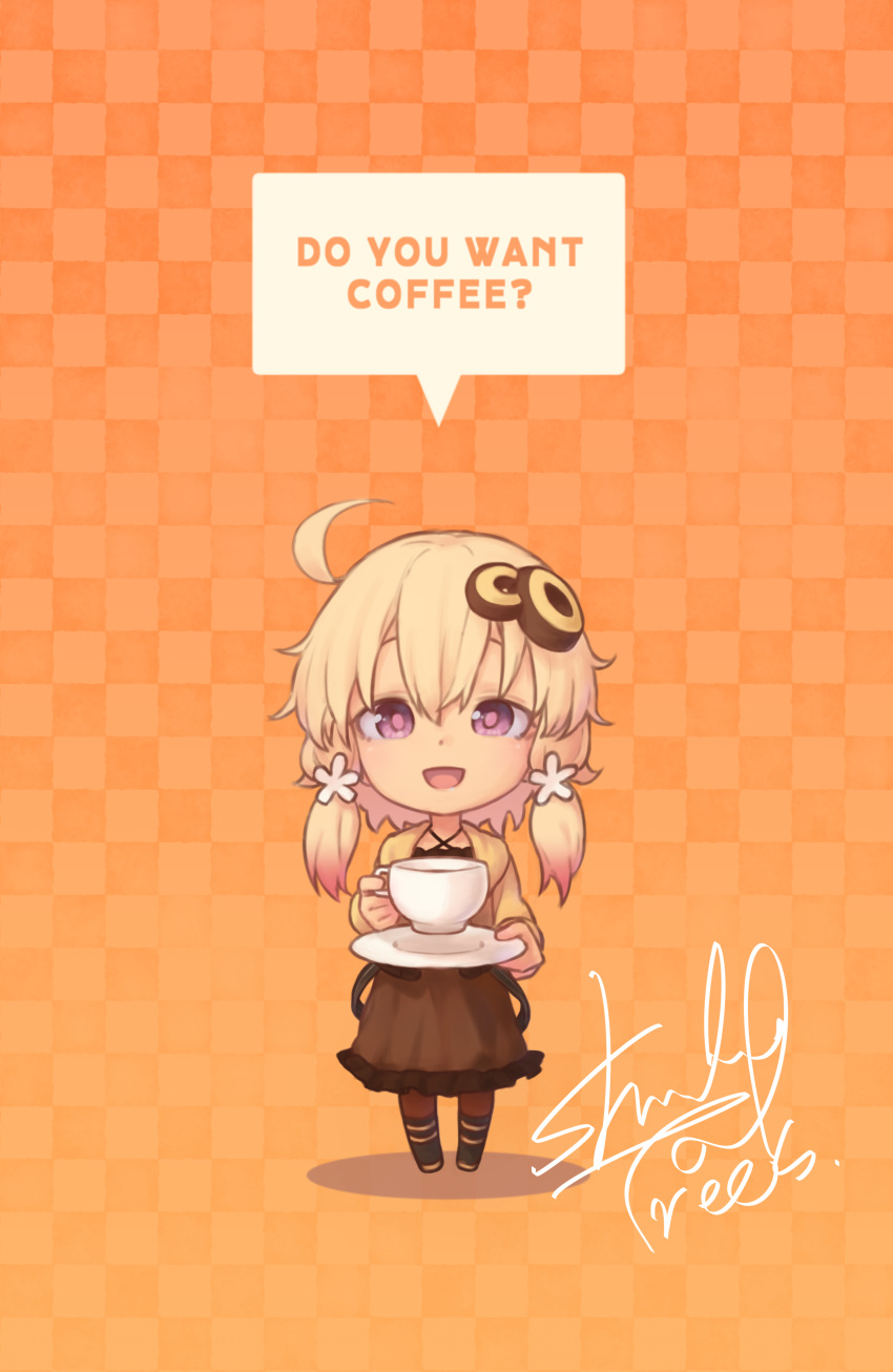 1girl absurdres ahoge alternate_color alternate_costume alternate_hair_color blonde_hair brown_dress checkered_background chibi colored_tips criss-cross_halter cup dress english_text food-themed_clothes full_body hair_ornament halter_dress halterneck highres holding holding_cup holding_saucer hood hood_down hoodie long_hair long_sleeves looking_at_viewer multicolored_hair open_clothes open_hoodie open_mouth orange_background pink_hair purple_eyes saucer shade_of_trees short_hair_with_long_locks signature smile solo speech_bubble standing straight-on teacup vocaloid voiceroid yellow_hoodie yuzuki_yukari