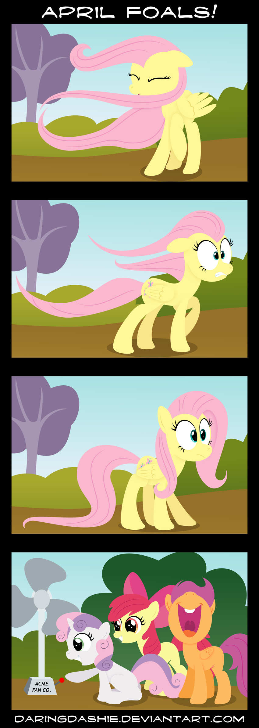 acme amber_eyes apple_bloom_(mlp) blue_eyes bow bush comic confused cub cutie_mark cutie_mark_crusaders_(mlp) daringdashie english_text equine fan female feral fluttershy_(mlp) friendship_is_magic green_eyes group hair happy horn horse laugh mammal my_little_pony outside pegasus pink_hair pony scootaloo_(mlp) smile sweetie_belle_(mlp) text tree two_tone_hair unicorn wind wings young