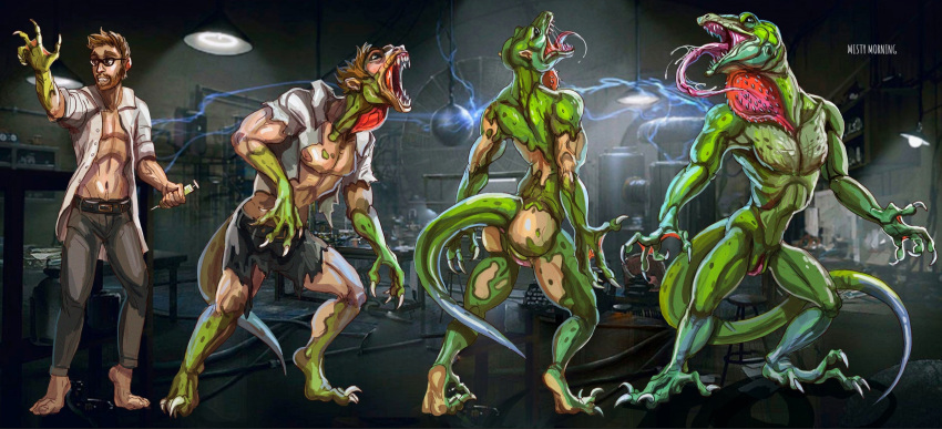 anthro dactyloid hi_res human injection lizard male male/male mammal misty_(disambiguation) morning nude reptile scalie transformation