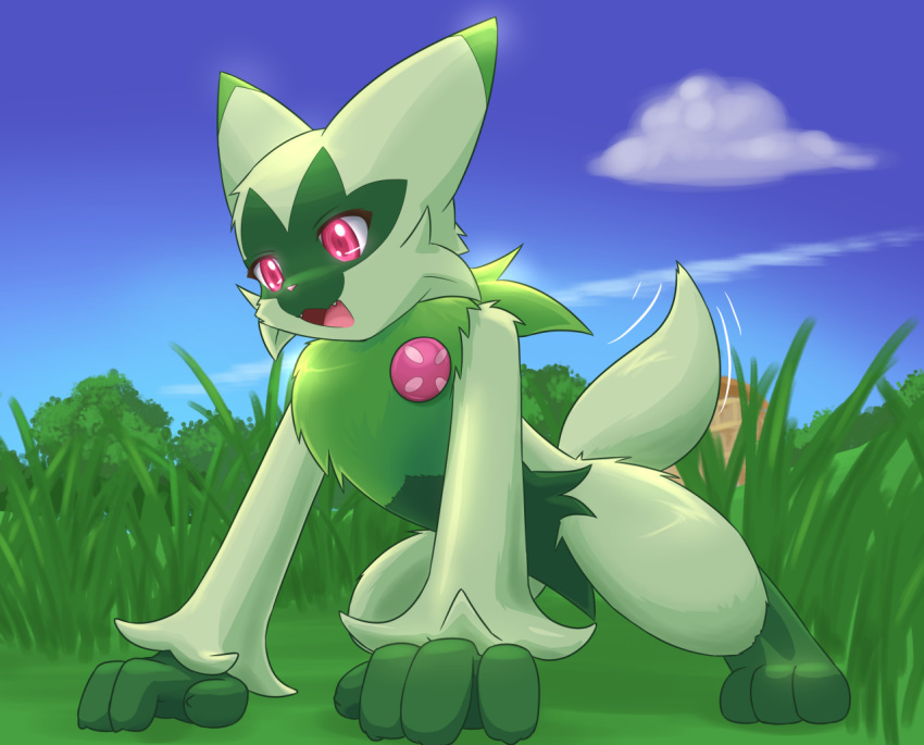 2022 all_fours ambiguous_anthro ambiguous_gender anthro blue_sky building cheek_tuft cloud cute_fangs day detailed_background dipstick_ears facial_tuft felid feline floragato friskykitsune front_view full-length_portrait fur generation_9_pokemon grass green_body green_fur looking_down low-angle_view mammal multicolored_ears nintendo nude open_mouth outside pink_eyes pink_nose plant pokemon pokemon_(species) portrait pounce_pose raised_tail sky solo tail tail_motion tailwag tree tuft