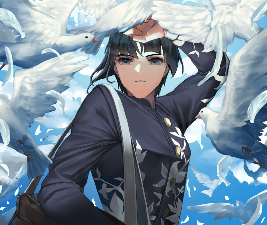 1boy androgynous arm_up asymmetrical_hair bag bird black_hair blue_eyes blue_sky bowl_cut commentary eyelashes feathers floral_print highres looking_at_viewer male_focus mochigana protagonist_(smtv) school_bag school_uniform shin_megami_tensei shin_megami_tensei_v short_hair single_sidelock sky solo upper_body white_bird white_feathers