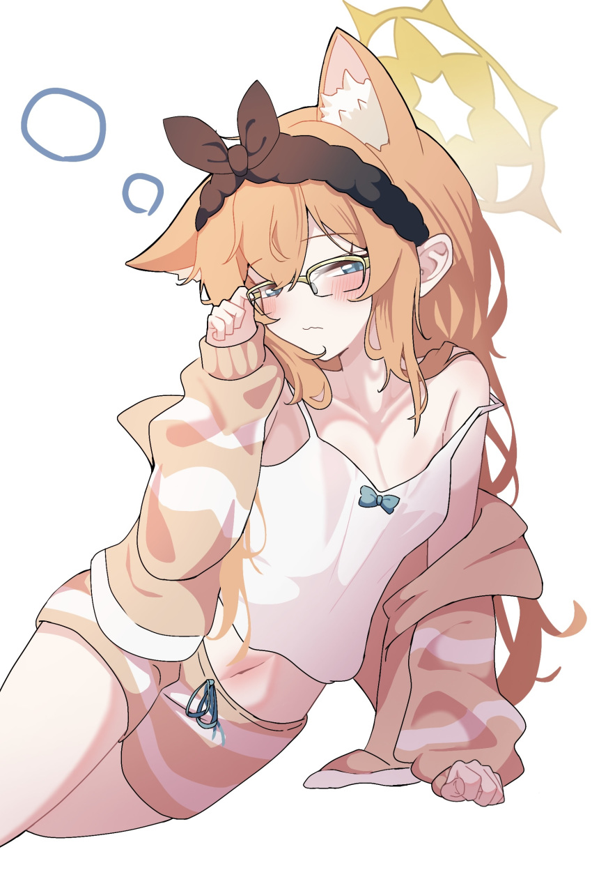 1girl absurdres animal_ear_fluff animal_ears bespectacled blue_archive blue_eyes blush breasts camisole cat_ears closed_mouth collarbone extra_ears glasses halo highres jacket long_hair mari_(blue_archive) medium_breasts navel open_clothes open_jacket orange_hair orange_jacket orange_shorts shorts simple_background solo warabi_mochi_(w4rabimochi) white_background white_camisole yellow_halo