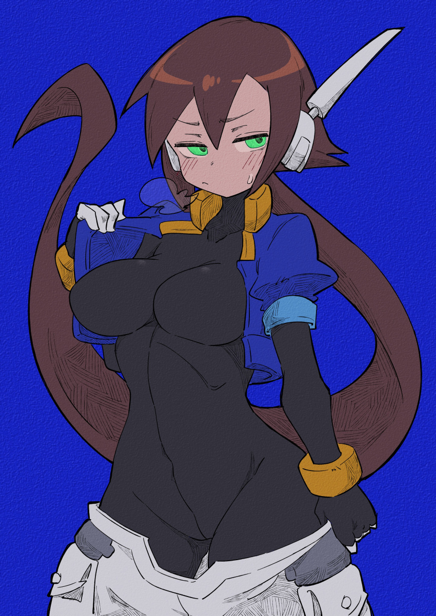 1girl absurdres aile_(mega_man_zx) black_bodysuit blue_background blue_jacket bodysuit bodysuit_under_clothes breasts breath brown_hair buzzlyears clothes_pull covered_collarbone covered_navel cowboy_shot cropped_jacket faux_traditional_media glowing glowing_eyes green_eyes highres jacket large_breasts long_hair looking_to_the_side mega_man_(series) mega_man_zx mega_man_zx_advent open_clothes open_jacket ponytail removing_pants shorts shorts_pull simple_background solo white_shorts