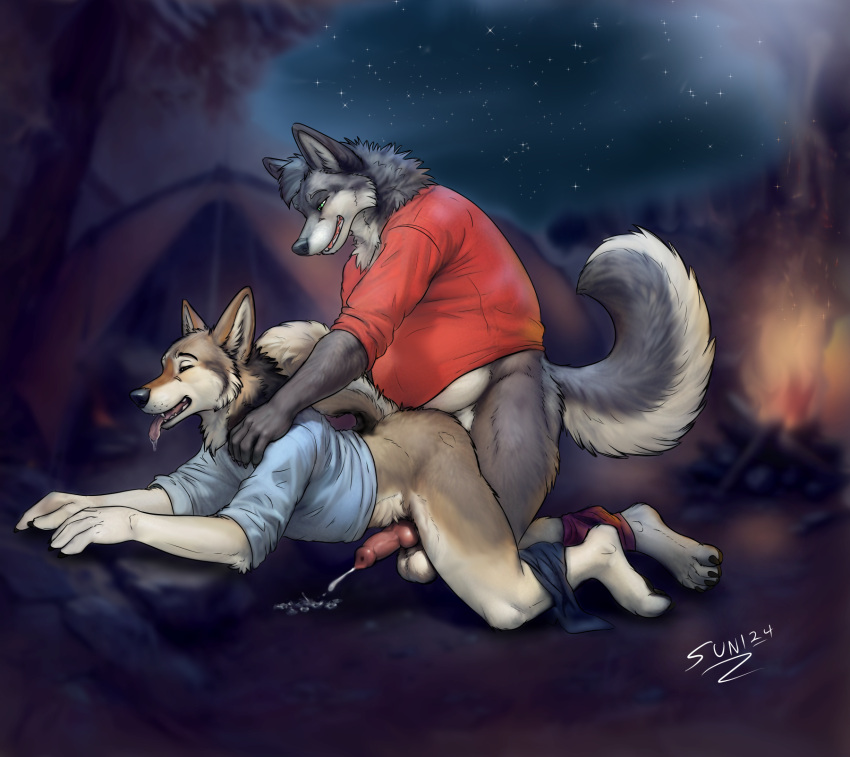 anal bottomless camping canid canine canis clothed clothing coyote dad_body father_(lore) hi_res male male/male mammal parent_(lore) partially_clothed sunitai wolf