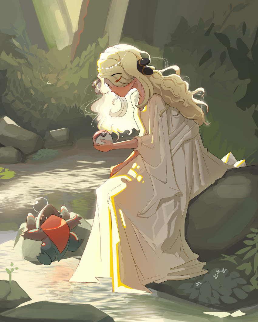 1girl absurdres alternate_costume blonde_hair closed_eyes cynthia_(pokemon) english_commentary exceedxatu gible highres holding holding_poke_ball long_hair on_rock open_mouth outdoors poke_ball poke_ball_(basic) pokemon pokemon_(creature) pokemon_dppt river robe sharp_teeth sitting snoring teeth water wavy_hair white_robe