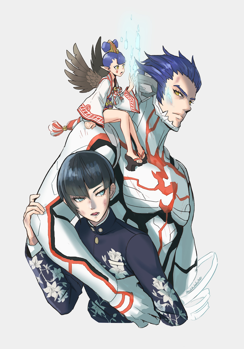 1girl 2boys amanozako_(megami_tensei) androgynous aogami_(megami_tensei) armor asymmetrical_hair bird_wings black_feathers black_hair blue_hair bodysuit bowl_cut eyelashes feathers floral_print full_body geta green_eyes grey_background highres kakikuyeko3181 long_hair looking_at_another multiple_boys open_mouth pointy_ears protagonist_(smtv) school_uniform shin_megami_tensei shin_megami_tensei_v short_hair single_sidelock tengu tengu-geta upper_body wings yellow_eyes