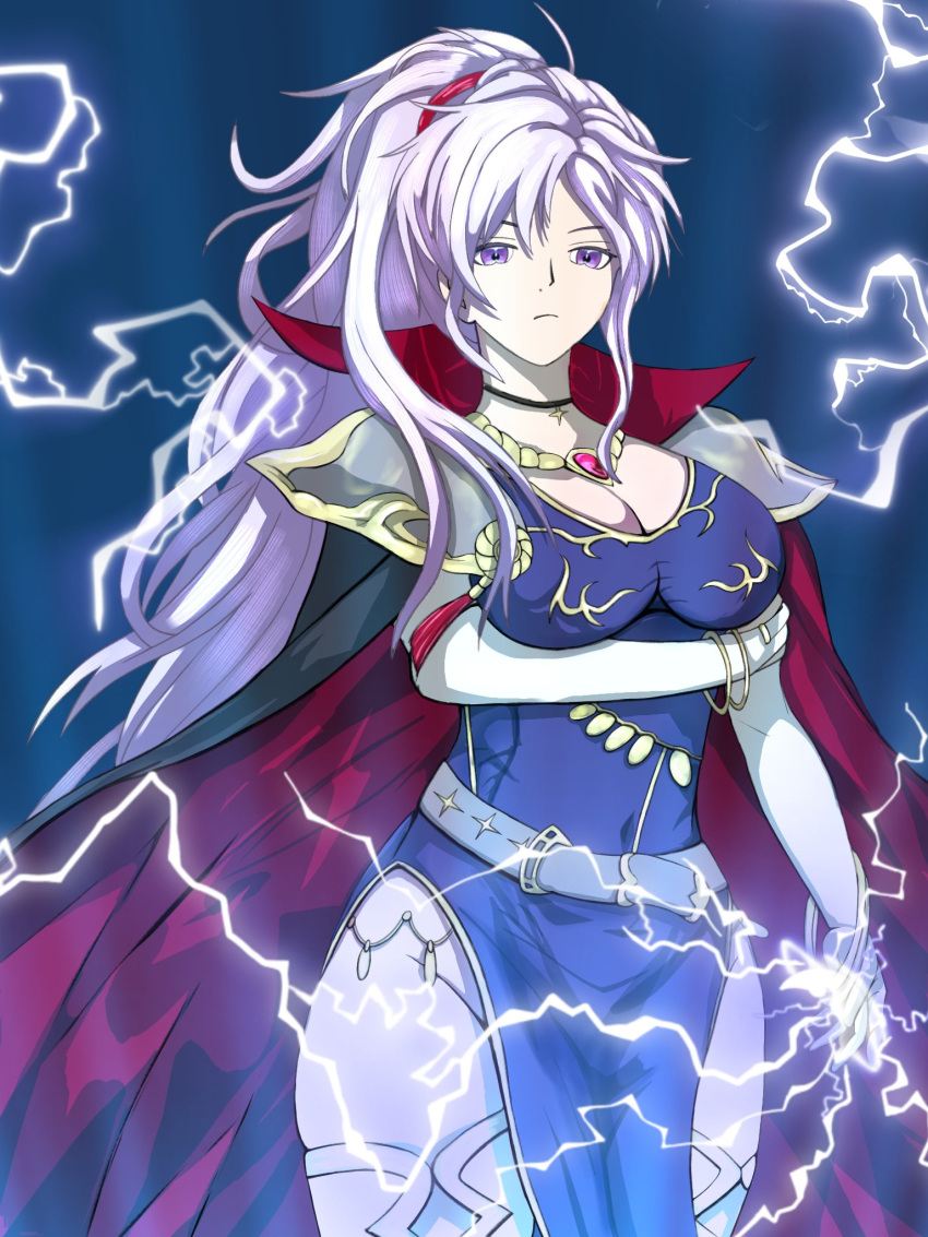 1girl armor breasts cape choker commentary cross cross_choker electricity fire_emblem fire_emblem:_genealogy_of_the_holy_war gloves highres ishtar_(fire_emblem) jewelry lightning long_hair magic matchanosuke_fe necklace pauldrons shoulder_armor