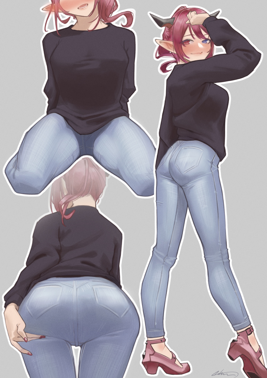 1girl absurdres aiharararara arms_behind_back ass assertive_female bent_over black_sweater blush breasts demon_horns denim female_pervert hand_on_own_ass hand_up heterochromia highres hololive hololive_english horns irys_(hololive) jeans kneeling large_breasts long_hair multiple_views open_mouth pants pervert pink_footwear pointy_ears red_hair red_nails smile solo standing sweater virtual_youtuber wavy_mouth