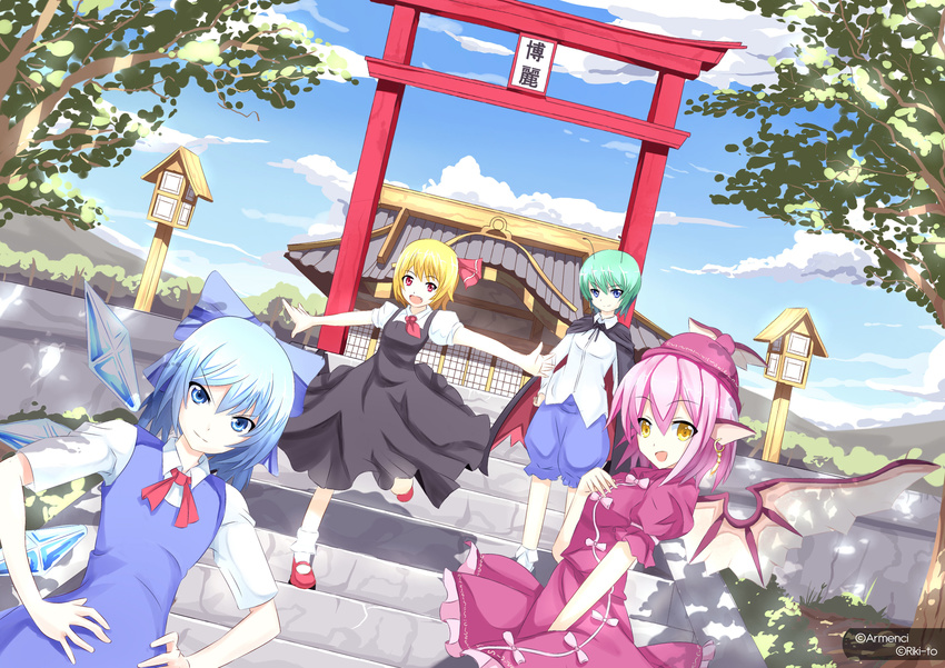 absurdres antennae architecture ascot bad_id bad_pixiv_id between_legs bird_wings blonde_hair blue_eyes blue_hair blue_sky bow cape cirno cloud day dress dutch_angle earrings east_asian_architecture fang green_hair hair_bow hair_ribbon hand_between_legs hand_on_own_chest hands_on_hips hat highres hokora_(shrine) jewelry leg_up looking_at_viewer mary_janes multiple_girls mystia_lorelei open_mouth outstretched_arms pink_hair pointy_ears puffy_sleeves red_eyes ribbon rizky_(strated) rumia shadow shoes short_hair short_sleeves shorts shrine sky spread_arms stairs team_9 torii touhou tree tsurime wings wriggle_nightbug yellow_eyes