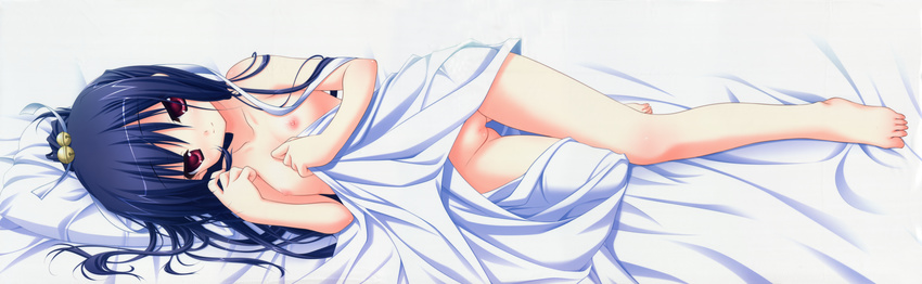 absurdres barefoot blue_hair chikotam dakimakura deliverer! flat_chest full_body highres huge_filesize long_image lying mikogami_mikoto naked_sheet nipples no_bra no_panties on_side pussy red_eyes solo under_covers wide_image
