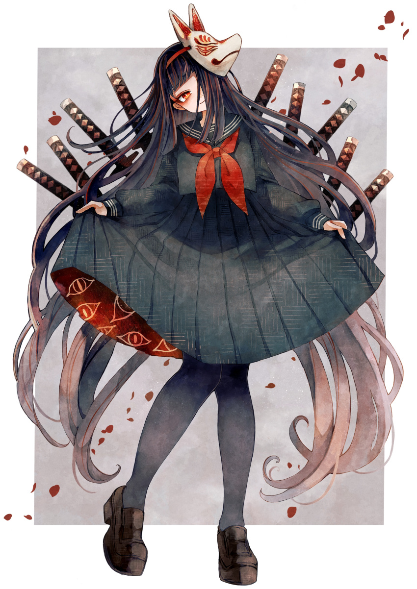 1girl absurdres black_hair black_serafuku black_thighhighs bow bowtie eye_symbol falling_petals fox_mask full_body hair_over_one_eye hairband head_tilt highres katana light_smile long_hair long_sleeves looking_at_viewer mary_janes mask mask_on_head multiple_weapons orange_eyes pantyhose petals puffy_sleeves red_bow red_bowtie red_hairband sanshichi_fu school_uniform serafuku shoes simple_background skirt_hold solo sword thighhighs very_long_hair weapon