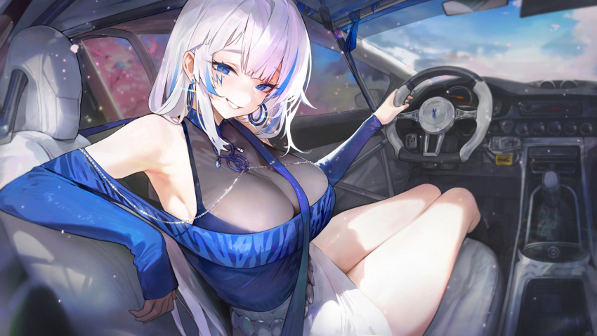 1girl agoto alchemy_stars arm_rest azure_(alchemy_stars) bare_legs bare_shoulders belt blue_eyes blue_hair breasts car_interior cleavage day earrings eyelashes facial_mark grin highres hoop_earrings jewelry large_breasts long_hair looking_at_viewer multicolored_hair petals sitting skirt smile solo steering_wheel streaked_hair vehicle_interior white_hair white_skirt