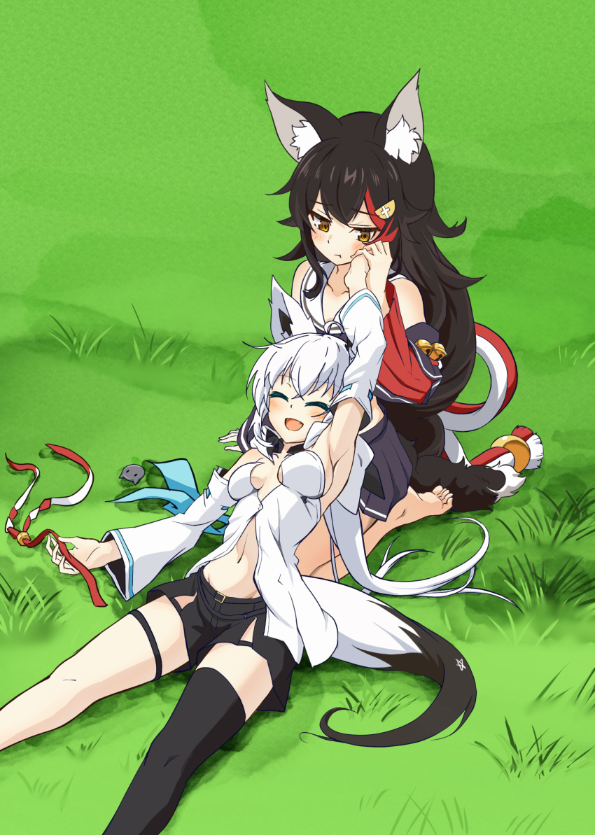 2girls animal_ear_fluff animal_ears arm_up armpits bare_shoulders belt black_hair black_shorts black_sleeves blush breasts brown_eyes closed_eyes detached_sleeves fang fox_ears fox_girl fox_tail hand_on_another's_cheek hand_on_another's_face highres holding_hands hololive kagami_yoshino lap_pillow long_hair lying lying_on_person multicolored_hair multiple_girls navel on_back ookami_mio open_mouth pantyhose ponytail pout shirakami_fubuki shirt shorts single_thighhigh sitting sleeveless sleeveless_shirt smile strapless strapless_shirt streaked_hair tail thigh_strap thighhighs thighs virtual_youtuber white_hair white_pantyhose white_shirt wolf_ears wolf_girl wolf_tail yuri
